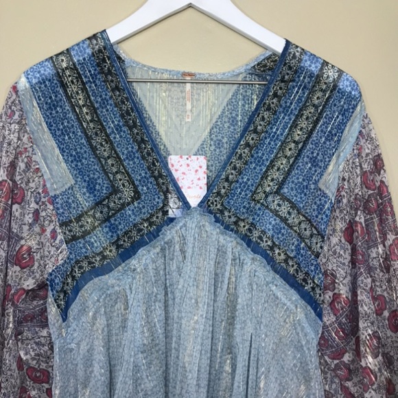 Free People Peasant Tunic Long Sleeve Sheer Top Chic Boho Printed V-neck Overlay - Picture 8 of 16
